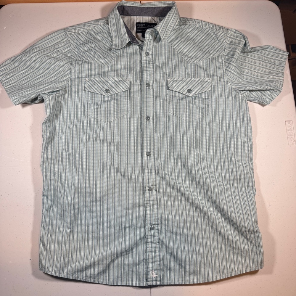 Cody James Pearl Snap Western Shirt Men Large Blue Green Striped Short Sleeve